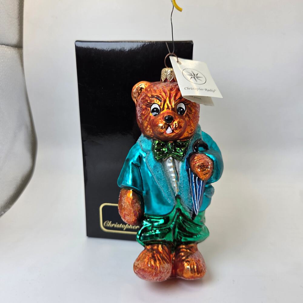 Christopher Radko Uncle Fuzzywuz Bear Glass Christmas Ornament 1998 W Tag